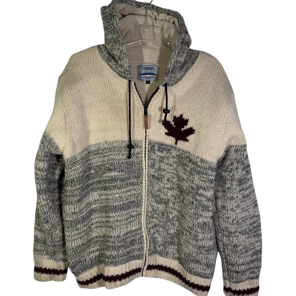 Vintage Ark Imports Men's L 100% Wool Zip Up Knit Jacket Canada Maple Leaf